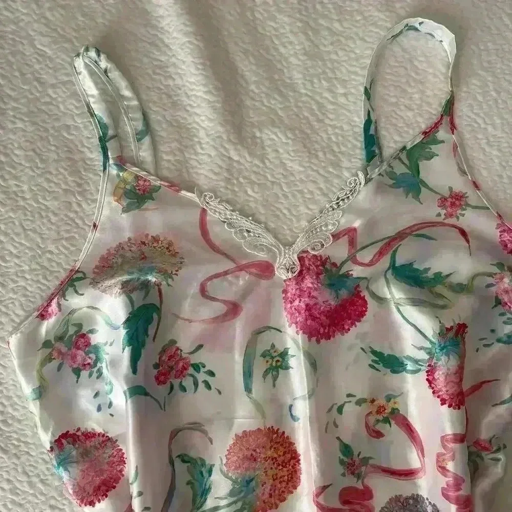 Vintage pink floral chemise women’s XL lace appliqué satin dainty delicate - Picture 2 of 4